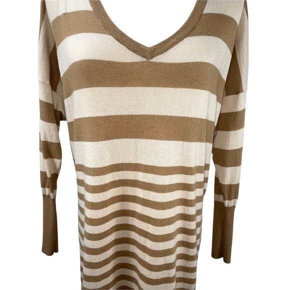 Joie Tan Striped Wool Cashmere Blend Long V-Neck Sweater Tunic Lightweight - Picture 4 of 11